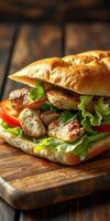 Freshly made chicken sandwich with lettuce and tomato on a wooden board in a cozy setting photo