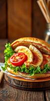 Delicious grilled chicken sandwich with fresh lettuce and tomato served on rustic wooden table photo