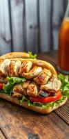 Delicious grilled chicken sandwich with fresh lettuce and tomatoes on a rustic wooden table photo