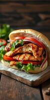 Grilled chicken sandwich with fresh vegetables served on a wooden board photo