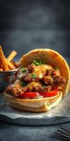 Crispy fried chicken sandwich topped with peanut sauce and fresh vegetables served with sweet potato fries photo
