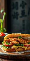 Delicious chicken sandwich with fresh vegetables served in a rustic setting at a local eatery photo