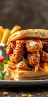 Delicious spicy chicken sandwich loaded with tangy sauce and toppings served with crispy fries photo