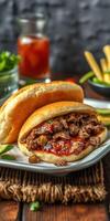 Savory beef sandwich served on a plate with fresh herbs and sides at a rustic dining setting photo