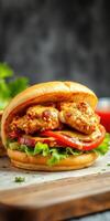 Delicious chicken sandwich with fresh lettuce, tomatoes, and creamy sauce on a wooden board photo
