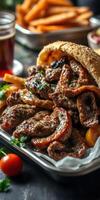 Delicious platter of savory grilled meats served with colorful vegetables in a cozy restaurant setting photo