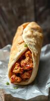 Delicious wrap filled with flavorful chicken on a rustic wooden background photo