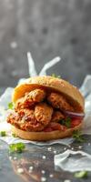 Juicy chicken sandwich with spicy sauce and fresh garnishes on a light backdrop photo