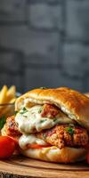 Delicious crispy chicken sandwich with creamy sauce served with fries and fresh tomatoes photo