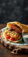 Delicious grilled chicken wrap filled with fresh toppings and served with sauce on a wooden board photo