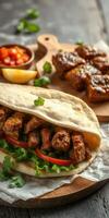 Delicious grilled meat wrapped in fresh flatbread with fresh vegetables and sauce on a rustic wooden table photo