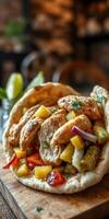 Delicious chicken wrap filled with grilled vegetables and fresh pineapple served in a cozy restaurant setting photo