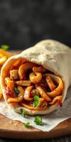 Delicious wrap filled with tender chicken and flavorful sauces served on a wooden board photo