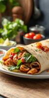 Delicious chicken wrap garnished with fresh herbs and vegetables served on a wooden table photo