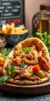 Grilled chicken wrap served with fresh vegetables and olives in a cozy restaurant setting photo