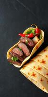 Delicious steak tacos with fresh cilantro and red chili on a dark background, ideal for a satisfying meal photo