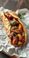Savory grilled meat wrap filled with colorful vegetables on parchment paper backdrop photo