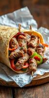 Grilled skewers wrapped in flatbread with colorful vegetables served on a rustic wooden board photo