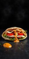 Delicious wrap filled with fresh vegetables, chicken, and sauce on a dark background photo