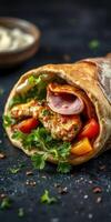 Freshly prepared wrap filled with grilled chicken, vegetables, and sauces on a dark background photo