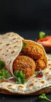 Freshly prepared falafel wrapped in soft flatbread with vegetables and herbs in a vibrant setting photo