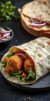 Delicious stuffed wrap with crispy balls, fresh vegetables, and herbs ready to be enjoyed at a cozy eatery photo