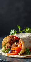 Delicious falafel wrap filled with fresh vegetables and herbs in a rustic setting photo