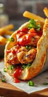 Delicious sandwich filled with crispy chicken, fresh toppings, and savory sauces served with fries photo