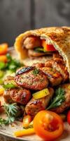 Grilled sausages served with fresh vegetables inside warm flatbread at a casual dining setup photo