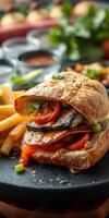Delicious sandwich with grilled chicken, fresh vegetables, and crispy fries on a rustic table photo