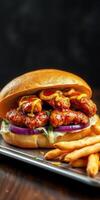 Savory chicken sandwich with spicy sauce served alongside crispy fries photo