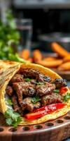 Delicious grilled meat tacos with fresh toppings served on a wooden board in a vibrant kitchen setting photo