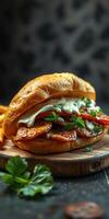 Delicious sandwich with grilled meat, fresh vegetables, and creamy sauce served with crispy fries photo