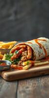 Spicy chicken burrito with fries served on a wooden board in a casual dining setting photo