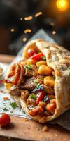 Delicious wrap filled with grilled meat, colorful vegetables, and savory sauce on a rustic wooden table photo