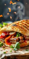 Savory grilled sandwich filled with marinated meat, fresh vegetables, and herbs served in a warm, toasted bun photo