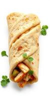 Freshly wrapped chicken burrito with vegetables and herbs served on a clean white background photo