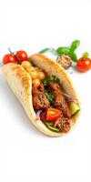 Delicious stuffed flatbread with spicy meatballs, fresh vegetables, and tangy sauce ready to be enjoyed photo