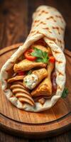 Delicious grilled chicken wrap with fresh vegetables and sauce served on a wooden board in a cozy restaurant setting photo