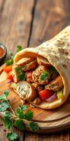 Delicious chicken wrap with fresh vegetables and herbs on a wooden board photo