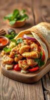 Delicious wrapped dish with tender chicken, fresh vegetables, and flavorful sauce resting on a wooden board photo