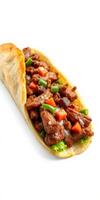Savory beef taco filled with fresh vegetables and spices in a warm tortilla on a white background photo