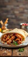 Delicious wraps filled with grilled chicken, fresh herbs, and savory sauce on a wooden table photo