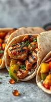 Grilled chicken tacos with colorful vegetables served on a rustic surface photo