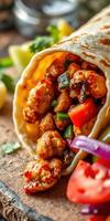 Delicious chicken wrap with fresh vegetables and spices served on a rustic wooden table photo