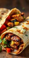 Delicious chicken and vegetable wraps filled with fresh ingredients on a wooden table photo