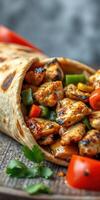 Grilled chicken burrito wrapped in a flour tortilla with fresh vegetables and sauce on a wooden table photo
