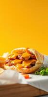 Delicious chicken wrap with melted cheese served against a bright yellow background photo
