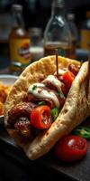 Savory grilled chicken taco served with fresh vegetables and sauces in a vibrant dining setting photo