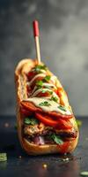 Deliciously prepared gourmet hot dog with grilled peppers and cheese garnished with fresh herbs photo